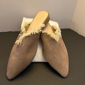 8 Rag & Co. Molly frayed leather mules in taupe suede.